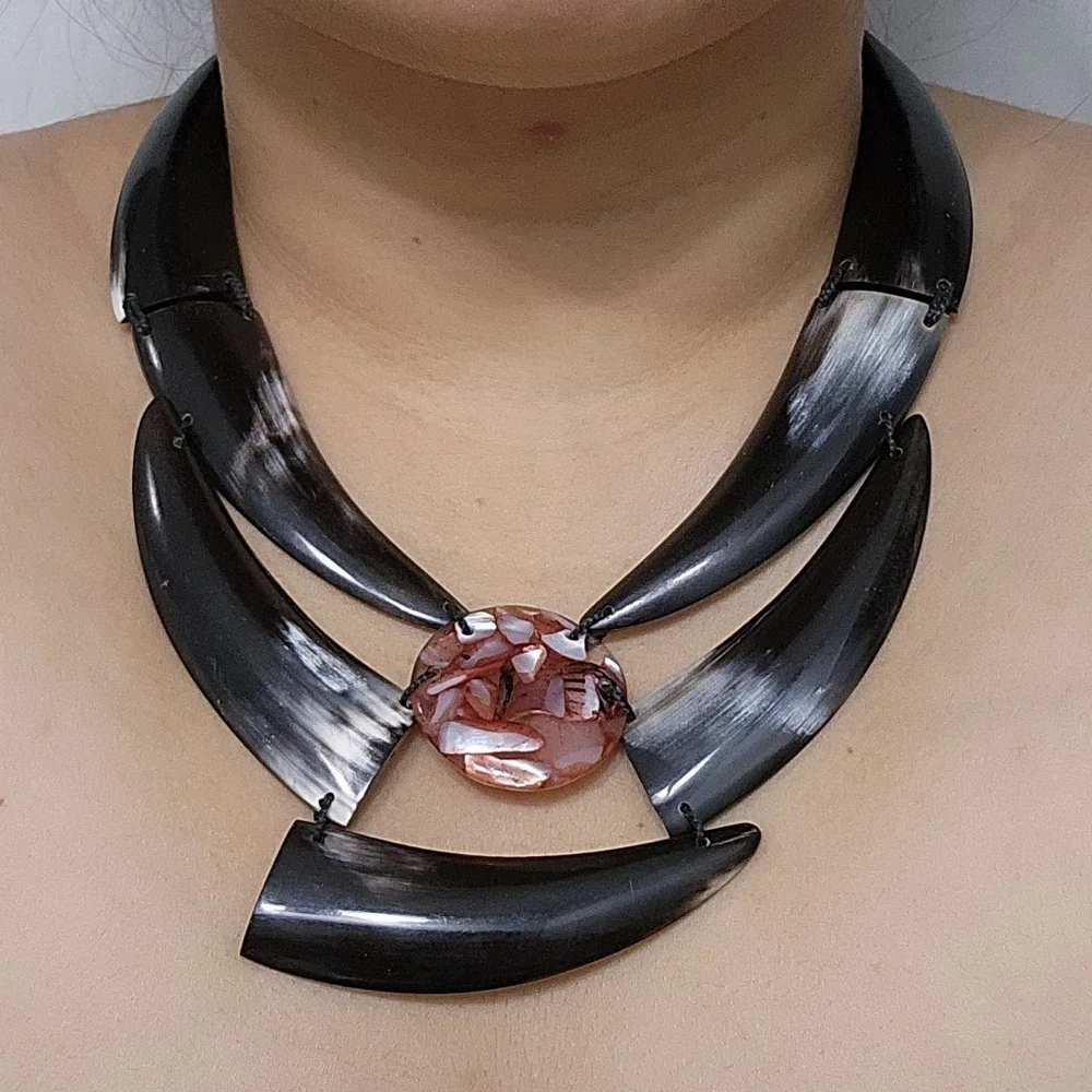 Vintage Buffalo Horn & Shell Statement Necklace Handmade Tribal Artisan